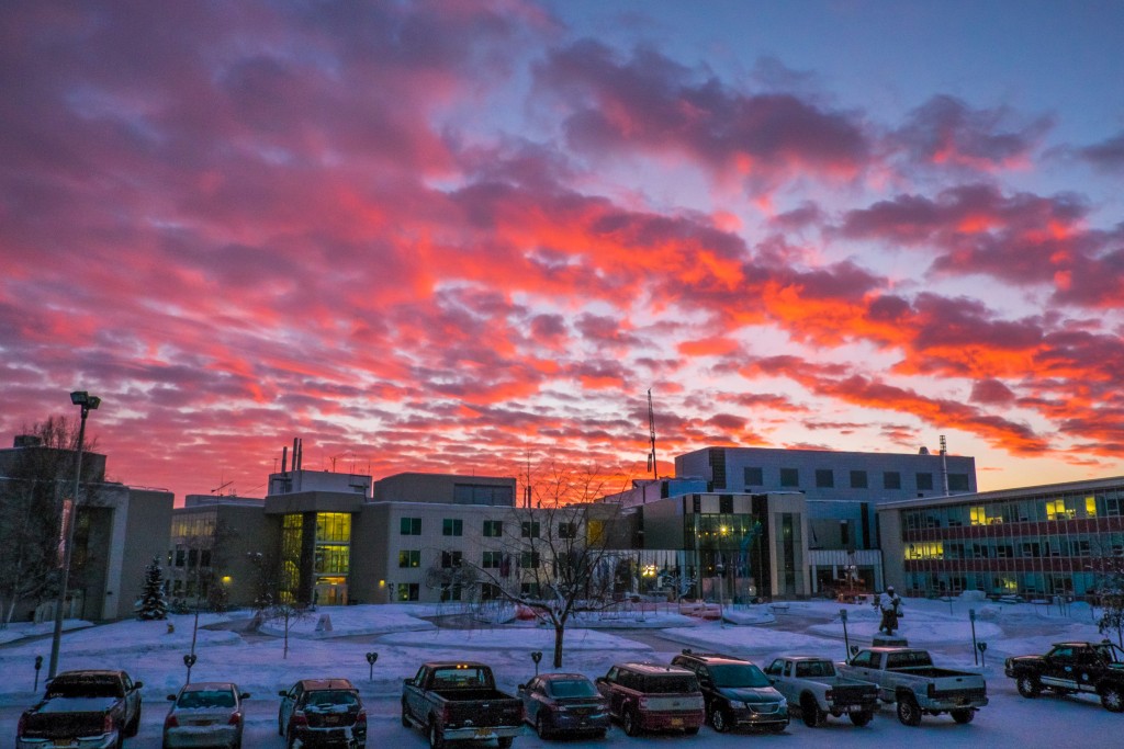 A beautiful mid-February morning sky greets people arriving on the Fairbanks campus.