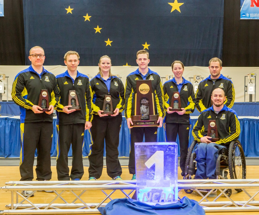 The Nanook Rifle Team won the small bore competition during the 2015 NCAA Rifle Championships in the Patty Center on March 13-14. The 'Nooks took second overall, coming up just two points behind top-rated West Virginia. 