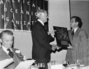 Sen. Ted Stevens and Sen. Fritz Hollings of South Carolina are pictured as Stevens is being presented with the 1978 Neptune Award from the American Oceanic Association.