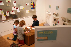 UAMN photo.  Children create art in The Studio, part of the University of Alaska Museum of the North's special exhibit, Art in the Making.