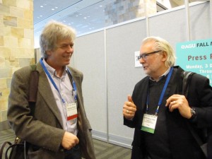 Photo by Ned Rozell. George Divoky, left, talks with Geoff Haines-Stiles at the 2012 Fall Meeting of the American Geophysical Union in San Francisco.