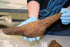  UAMN photo. One of the umiak pieces is embellished with three oval ivory inlays held in place with small ivory pins. Jenya Anichenko says they were probably decorative or significant.