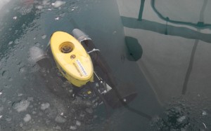 Photo by Lorena Edenfield.  A remotely operated vehicle deployed under ice can provide live video feed.