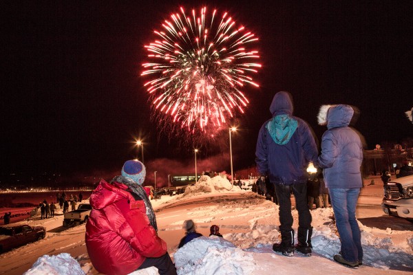 UAF photo.  Hundreds of Fairbanks community members enjoyed the Fairbanks Curling Lions 23rd Sparktacular on New Years' Eve. The fireworks display launches from UAF's West Ridge.