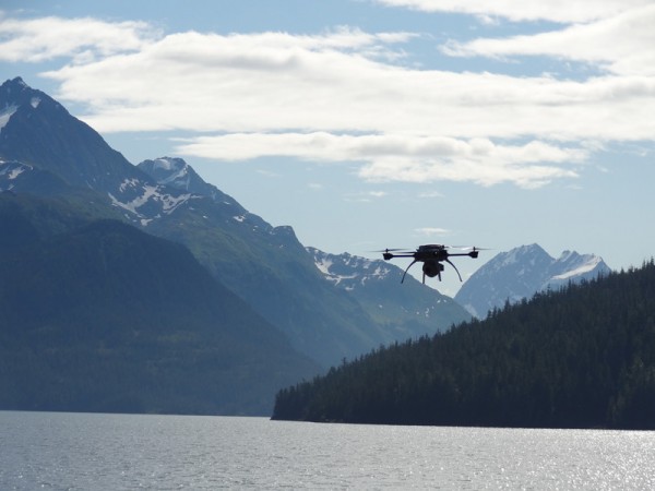 UAF photo courtesy of Greg Walker, ACUASI. A three-pound quad-rotored unmanned aircraft was used in an oil spill response demonstration in Prince William Sound in 2011. The Scout was designed by Aeryon Labs of Waterloo, Ontario as a multipurpose imaging and surveillance platform. The Scout is battery powered and has a range of up to 1.8 miles.