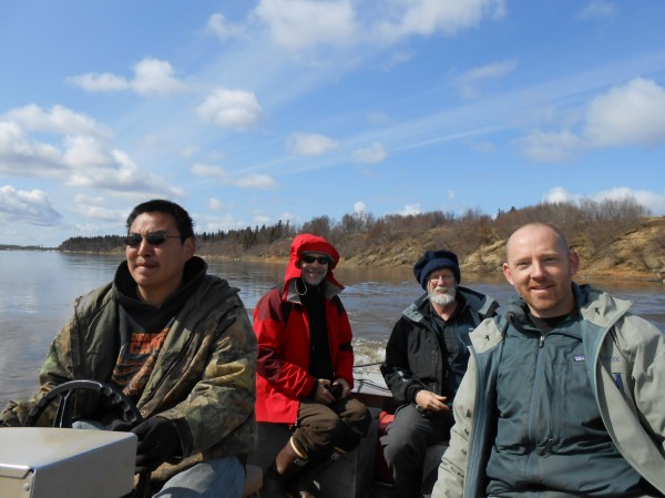 Photo by Sean Brennan. Sampling during spring freshet with, left to right, Peter Barr and co-principal investigators Diego Fernandez, Thure Cerling and Matthew Wooller.