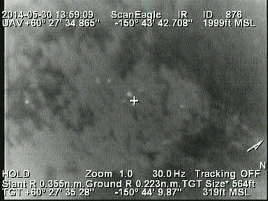 This is an infrared image from the ScanEagle's May 30 flight over the Funny River Fire. The white spots are hotspots. The ScanEagle is housed with the Alaska Center for Unmanned Aircraft Systems Integration at the University of Alaska Fairbanks Geophysical Institute.