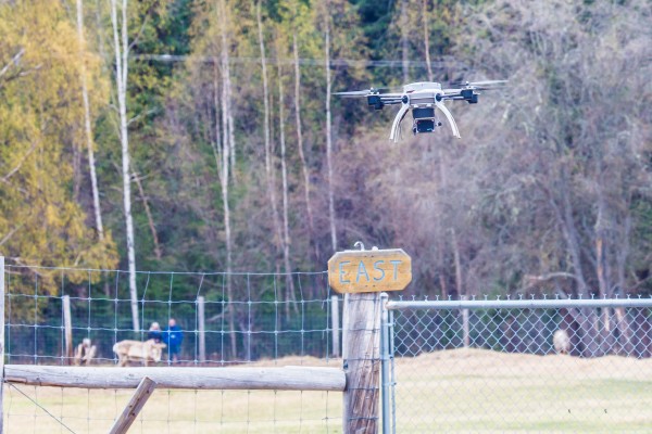 UAF photo by Todd Paris.  An Aeryon Scout quadcopter, featuring a top speed of 30 mph and maximum flight time of 20 minutes, will be used to conduct a series of aerial flights this summer supporting wildlife research activities at UAF's Large Animal Research Station.
