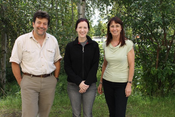 Julie Cislo, center, is welcomed to UAF by Professor David Valentine and Associate Professor Susan Todd.