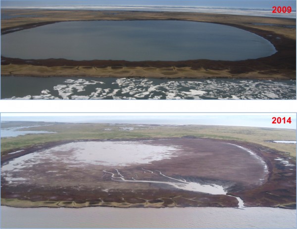  Images courtesy of Ben Jones. A lake on the shore of the Beaufort Sea that drained on July 5, 2014. The drainage channel is at lower right in the lower photo.