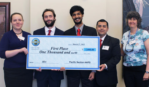 Photo courtesy of Catherine Hanks. UAF graduate students and their faculty adviser pose with their winnings from the Imperial Barrel Awards Pacific Section contest. Left to right: Deirdre LaBounty, Jacob Rosenthal, Panav Hulsurkar, Rafael Orozco and faculty advisor Catherine Hanks from the geosciences department.