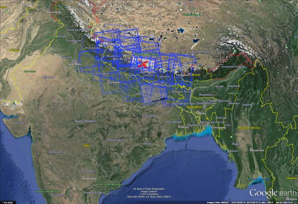 Image courtesy Alaska Satellite Facility.. Blue boxes represent some of the areas in and around Nepal for which the Alaska Satellite Facility has made synthetic aperture radar images available in the wake of a major earthquake in the region.