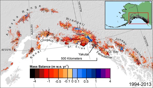 Estimated mass balance (1994-2013) for surveyed and unsurveyed glaciers in the most densely glacierized subregion of Alaska. The inset shows the entire region. Black lines indicate survey flight lines.