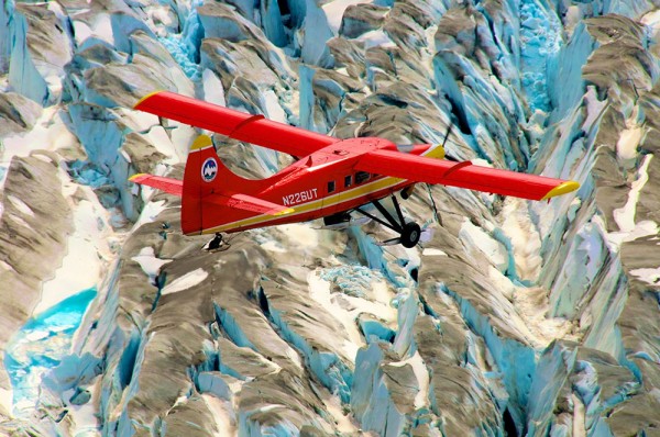 Paul Claus with Operation IceBridge Alaska flies a lidar survey over the crevassed Tana Glacier in Southcentral Alaska. Photo by Chris Larsen.