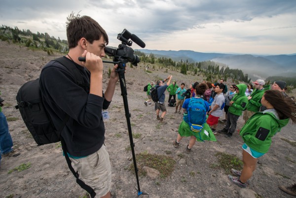 Photo by Colby Wright. Seattle, Washington, high school student Leo Pfiefer films GeoFORCE Alaska students for a movie that was nominated for a prestigious film industry award.