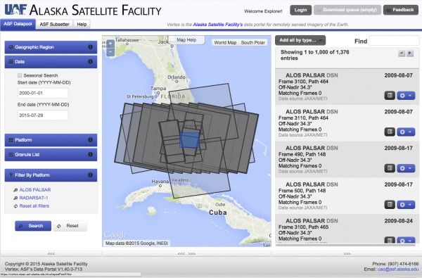 The Alaska Satellite Facility's Vertex data portal enables users to browse and download imagery, as in this example of a geographical search for Everglades data.