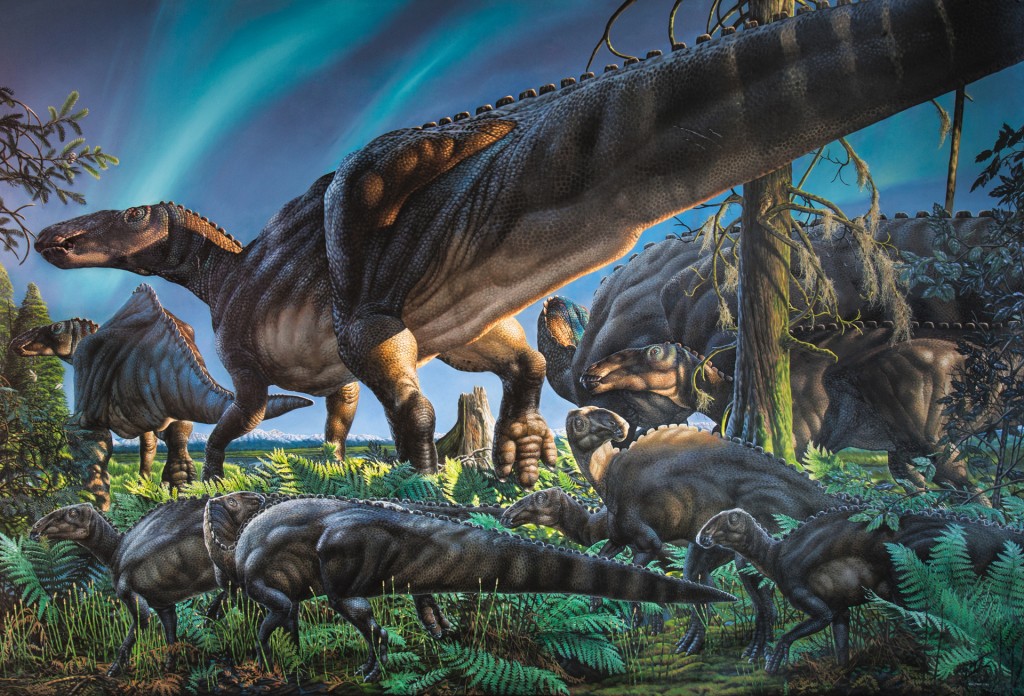 This original painting by James Havens of Ugrunaaluk kuukpikensis, the new species of duck-billed dinosaur described in research published today in the international journal Acta Palaeontologica Polonica, illustrates a scene from ancient Alaska during the Cretaceous Period.