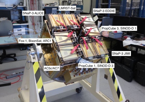 The entire package of CubeSats in their P-POD at the California Polytechnic Institute in March 2015, assembled in the payload.