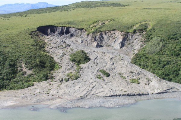 Photo by Rory Nichols. A large retrogressive thaw slump on the Noatak river; the top of the slump is about 900 feet above river water level. Retrogressive thaw slumps are caused by thawing of ice-rich permafrost and subsequent melting of ground ice on slopes. The National Park Service is currently monitoring 19 active retrogressive thaw slumps in Noatak National Preserve and Gates of the Arctic National Park and Preserve. Extrapolating the growth rate of these retrogressive thaw slumps back in time suggests that these slumps started in the late 1990s or early 2000s.