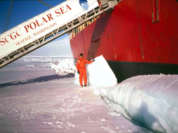 Brigham is shown with the Polar Sea icebreaker in the Ross Sea near Antarctica.