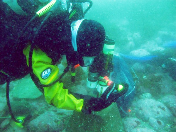 Photo by Sarah Traiger.  Kim Powell replaces tubes on a sediment trap.