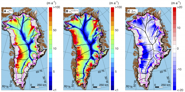 Figure courtesy of Joe MacGregor.  Greenland's average ice speed over the last 9,000 years (left), its current speed (center) and the difference between them (right). Blues (negative values) signify lower speeds today as compared to the 9,000-year average.