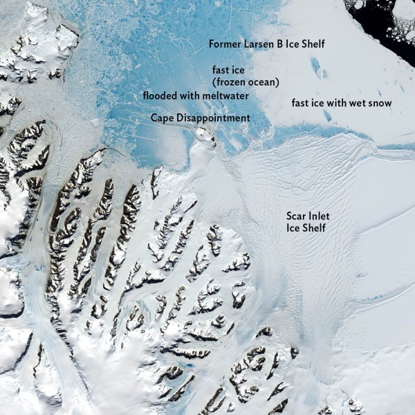 Satellite image courtesy of Ted Scambos.. A Landsat image from Jan. 6, 2016, shows summer conditions of the fast ice, glaciers and ice shelf in the Scar Inlet region of Antarctica.