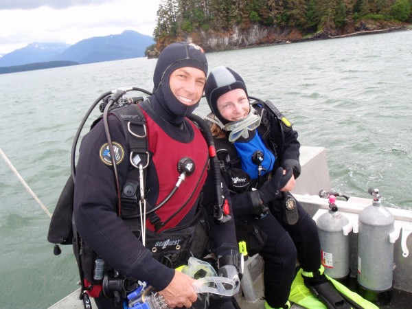 Jodie Pirtle photo. Ginny Eckert and Kyle Hebert prepare for a scuba survey in Juneau.