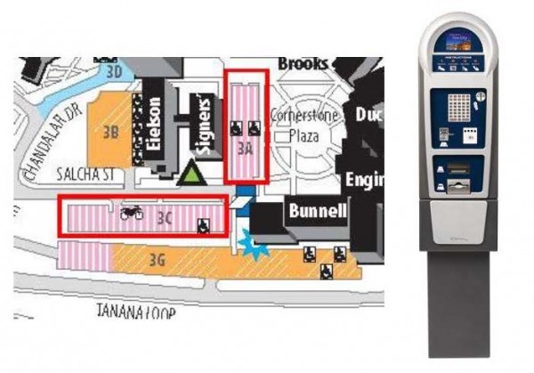Pay at the kiosk with a card or quarters when parking in the lots outlined in red. The kiosk, illustrated at right, is represented on the map by the blue box near the upper left (northwest) corner of the Bunnell Building.