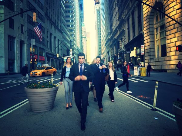Photo by Phil Younker.  University of Alaska Fairbanks students Lacey Cruikshank, Alec Hajdukovich, Hayden Nilson, and Jamie Boyle enjoy the streets of New York City during a Student Investment Fund class trip.