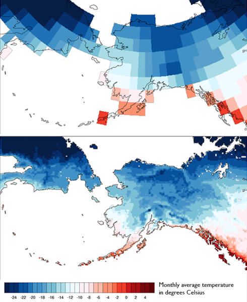 The dynamically downscaled data (lower) captures realistic temperature patterns while the global model (upper) data is too coarse to use for villages or even cities in Alaska. In the global model, each square is about 150 miles on one side. In the dynamically downscaled data, each square is about 12 miles on one side. Dynamically downscaled data is produced at a scale that shows the fine differences in conditions from one location to the next.