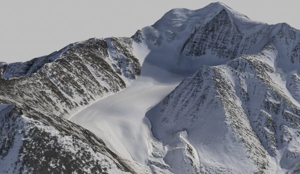 Visualization courtesy of Matt Nolan. The northwest face of Mount Chamberlin. The climbing team first tried taking the left ridge up the snow slope, but changed course due to safety and gained the right ridge at the corner where it flattens out.