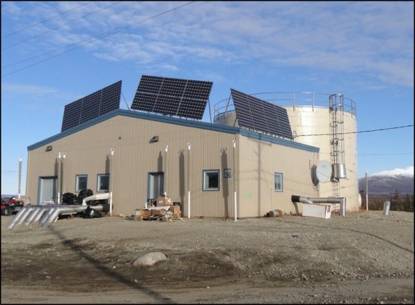 Rob Bensin photo.  This installation provides solar power to the water treatment plant in Shungnak, a village on the Kobuk River in northwest Alaska.