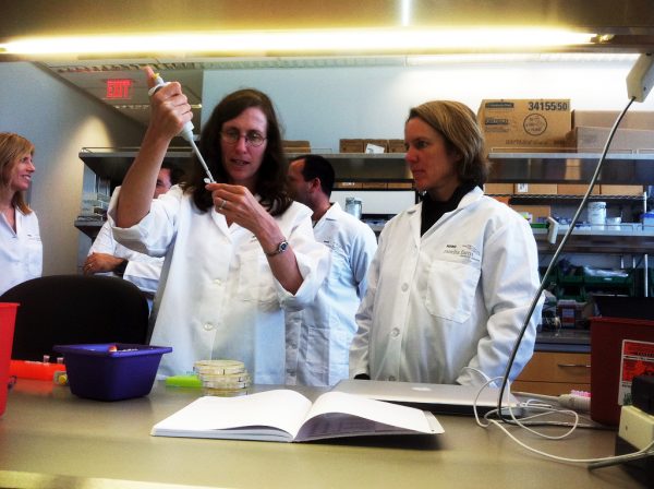 Photo courtesy Elizabeth Allman.  UAF scientists Elizabeth Allman, left, and Kristin O’Brien demonstrate cell DNA extraction in a lab on campus.