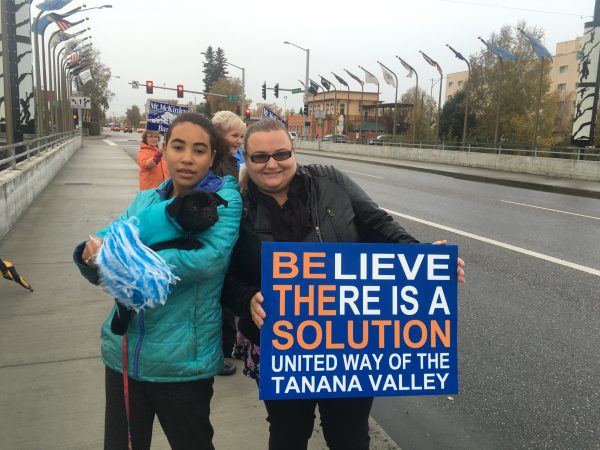 Photo courtesy of Kara Carlson. Kara Carlson, right, and her daughter attend a United Way rally in downtown Fairbanks.