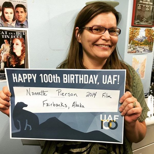 Photo courtesy of Nannette Pierson.  Nannette Pierson wishes UAF a 100th birthday using a selfie banner available online.