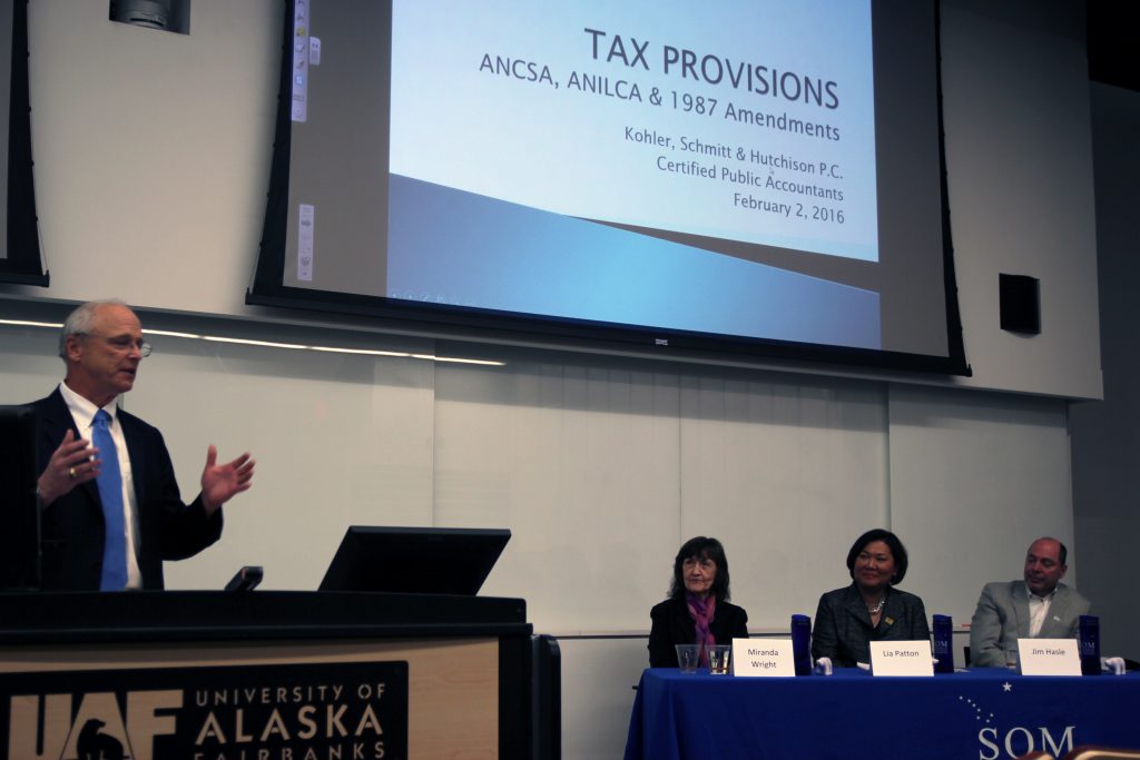 Photo courtesy of School of Management. Garry Hutchison, a Fairbanks accountant, speaks at the Alaska Native corporations seminar in 2016.