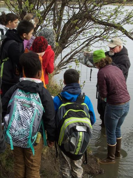 Photo by Beverly Bradley.  Anchorage school students learn about science at Westchester Lagoon during Alaska Sea Week in 2016.