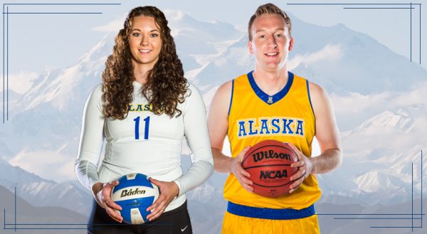 UAF photo composite by JR Ancheta.  Angela and Trent Molesworth, who star for the Alaska Nanooks volleyball and basketball teams, respectively, were married in 2015.