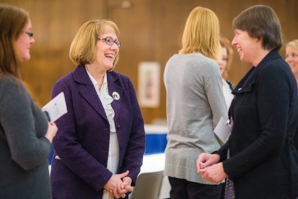 UAF photo by JR Ancheta. University of Alaska Fairbanks Professor Mary Ehrlander socializes with colleagues during the 2016 Emil Usibelli Distinguished Teaching, Research and Service Awards.