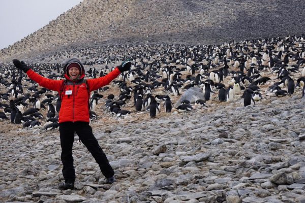 Photo courtesy of Joanna Young.  Joanna Young visits a colony of 100,000 Adelie penguins on Paulet Island in the northern Weddell Sea.