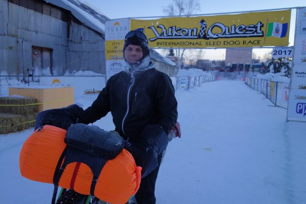 Photo by Ned Rozell. Jeff Oatley arrives in Fairbanks from Skagway on Feb. 16, 2017. He was halfway to Nome on a 1,818-mile bike ride on snowmachine trails.