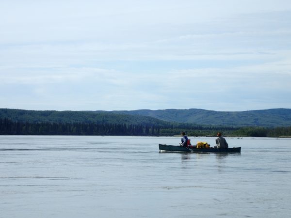 Photo by Ned Rozell. Jason Clark and Alison Beamer float the lower Tanana River in June 2016.