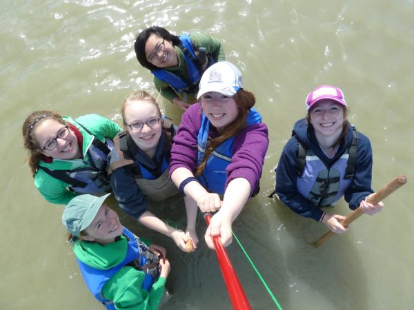Photo courtesy BRIGHT Girls. Participants in the 2016 BRIGHT Girls program wade in the Tanana River near Nenana while fishing and mapping habitat characteristics. From left are Paige Burkett, Maggie Whitaker, Christina Nuss, Ana Li Hansen, Sierra Tyssedal and Emma Jerome.