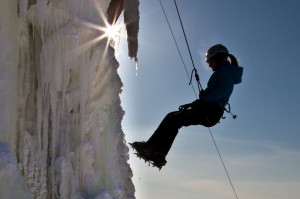 Adrienne Kentner tries out the ice climbing wall by the SRC on a recent sunny Saturday afternoon.