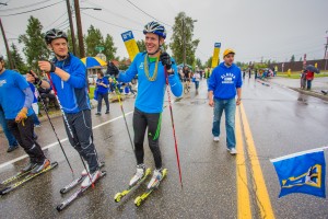 Members of the Nanook ski team were among more than 100 UAF students, staff and faculty who braved the rainy weather to participate in the 2012 Golden Days Parade.