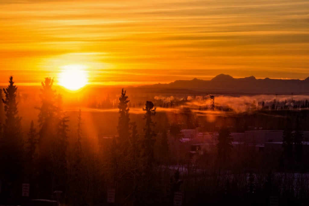 The sun rises over the Tanana Valley, as seen from the second floor of the Eielson Building on the Fairbanks campus. Photo taken at 10:18 a.m. on November 28.