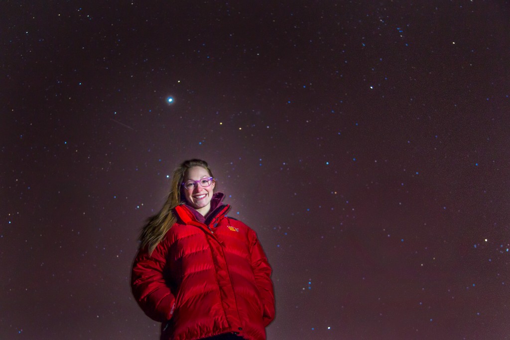 Senior geology major Jessica Eicher stands under a starry sky on a mild February night near the Fairbanks campus. Eicher is one of 1,058 finalists from among more than 200,000 people who applied to join the Mars One mission. Mars One, a nonprofit based in The Netherlands, wants to begin sending groups of four individuals on one-way trips to the Red Planet starting in 2025. "Once on Mars, there are no means to return to Earth. Mars is home," the group's website explains. See http://www.mars-one.com.