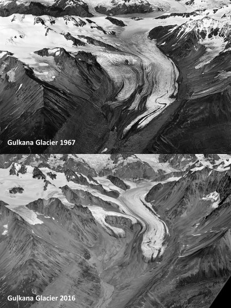 <i>Photos courtesy of the U.S. Geological Survey.</i><br /> The Gulkana Glacier has lost the equivalent of more than 80 feet of water across its current area between 1967 (top photo), when the U.S. Geological Survey started its glacier mass balance monitoring program, and 2016 (bottom photo). 