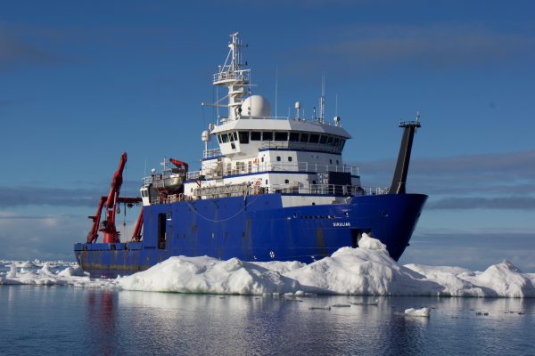 The research vessel Sikuliaq cruises through icebergs. The ship is owned by the National Science Foundation and operated by the University of Alaska Fairbanks.